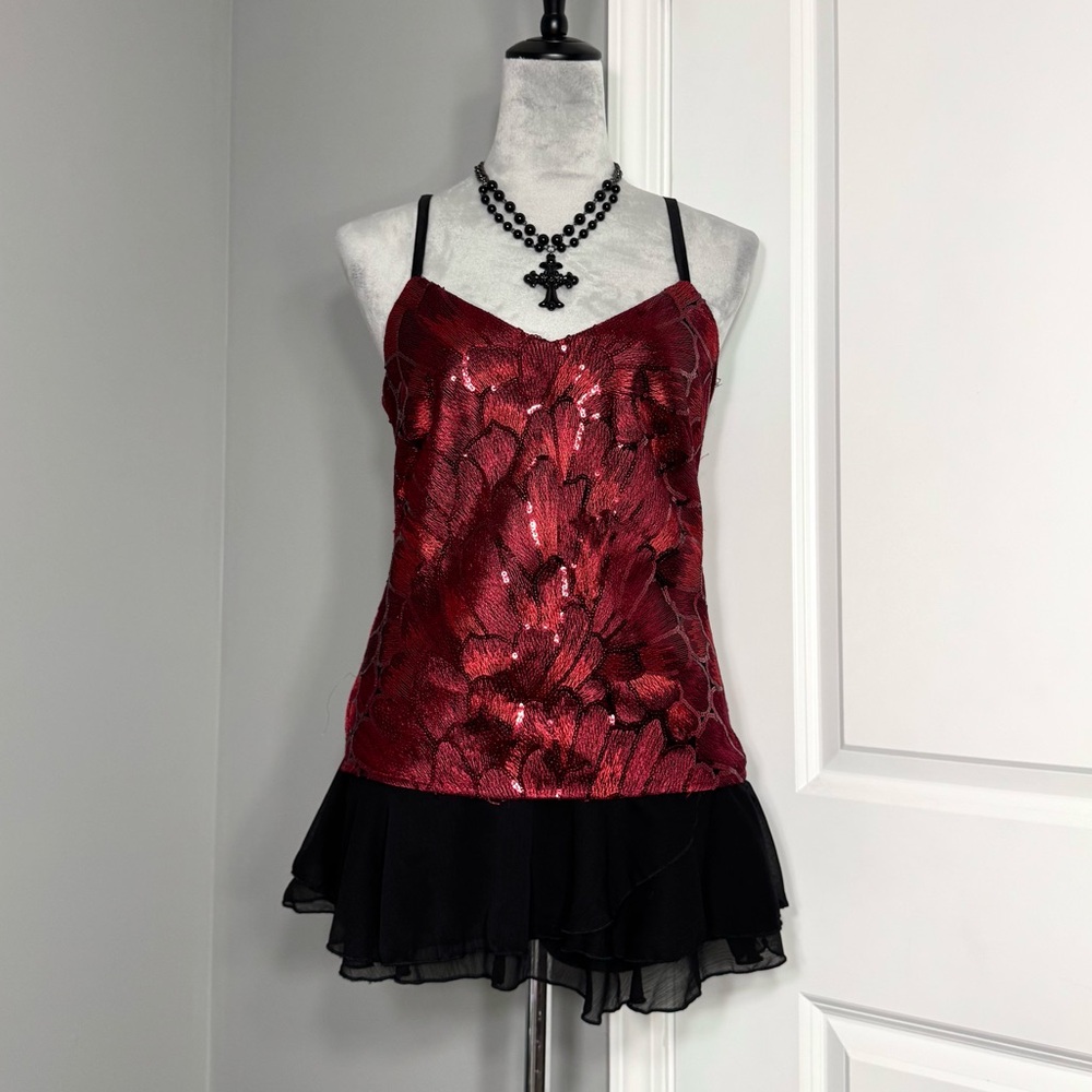 Y2K White House Black Market Red Floral Sequin Corset Tank